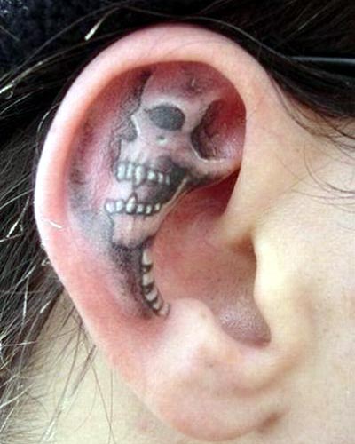Skull Tattoo Inside Of An Ear