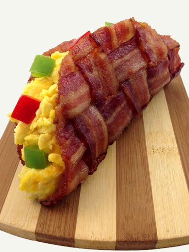 Bacon Weave Taco Shell Filled With Eggs And Bell Peppers