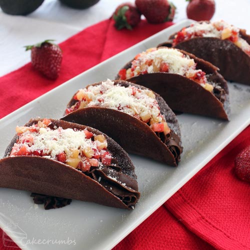 Chocolate Taco Shells Filled Avocado Mouse, Diced Kiwi And Strawberries