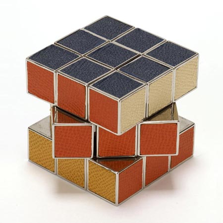 Rubiks Cube made from Solid Chrome with Leather Inlaid Sides