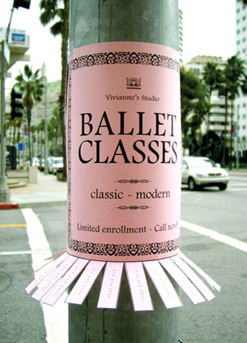 A Poster Attached To A Pole Advertising Ballet Classes. The Tear Off Phone Numbers Are Bent Slightly To Make The Poster Appear As A Tutu